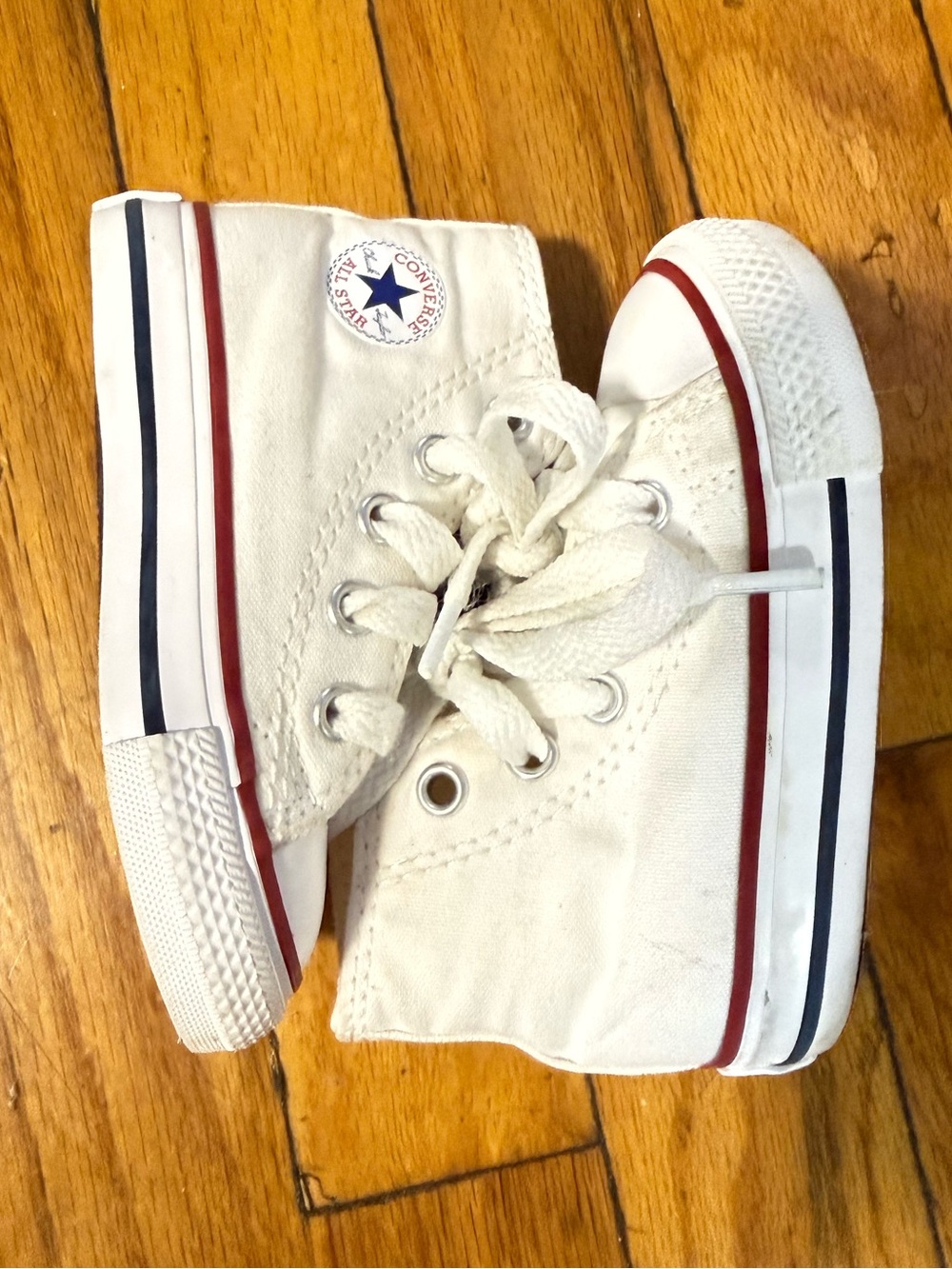 Classic Converse Kids White High-Top Canvas Sneakers with Red & Blue Trim